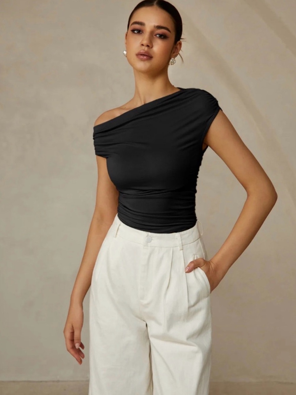 Commense Off the Shoulder Ruched Black Tank Top